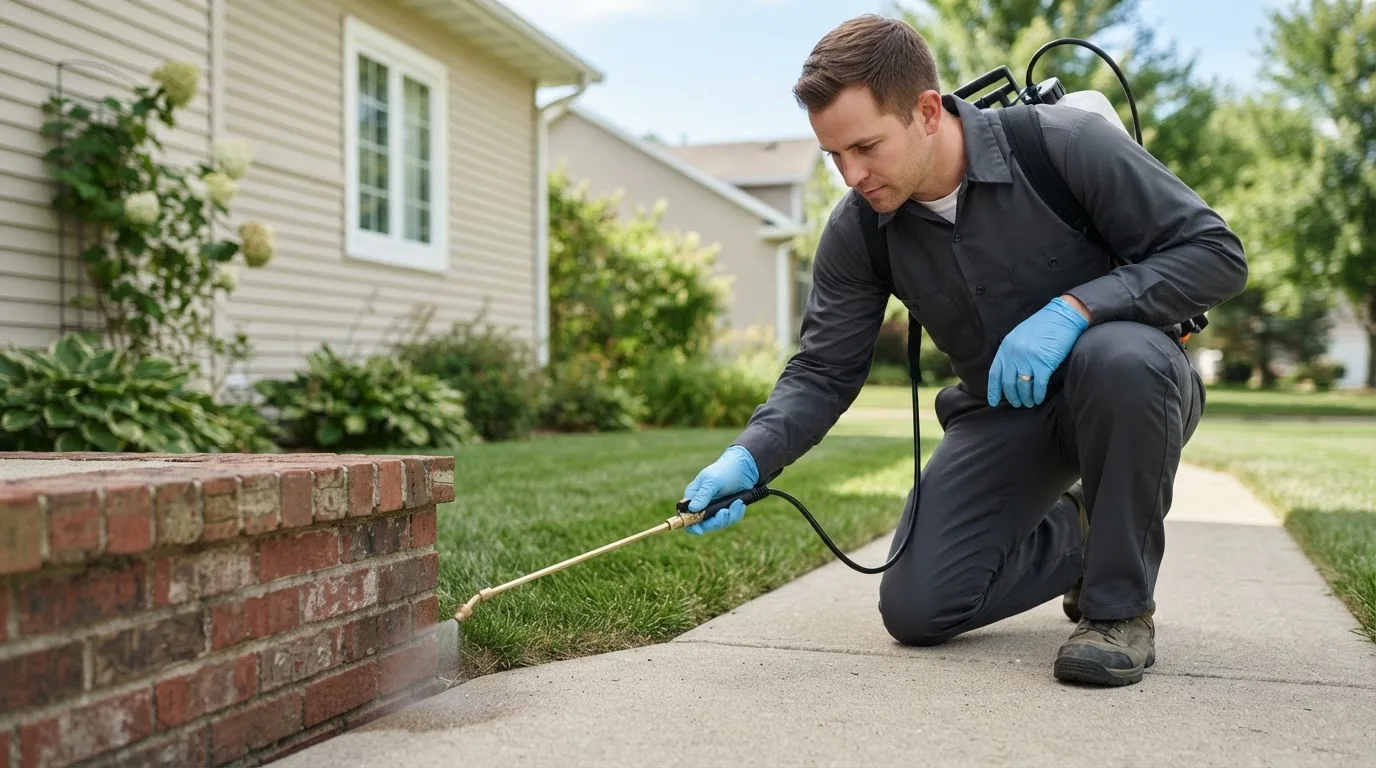 Pest control technician treating a home near Milford, KS
